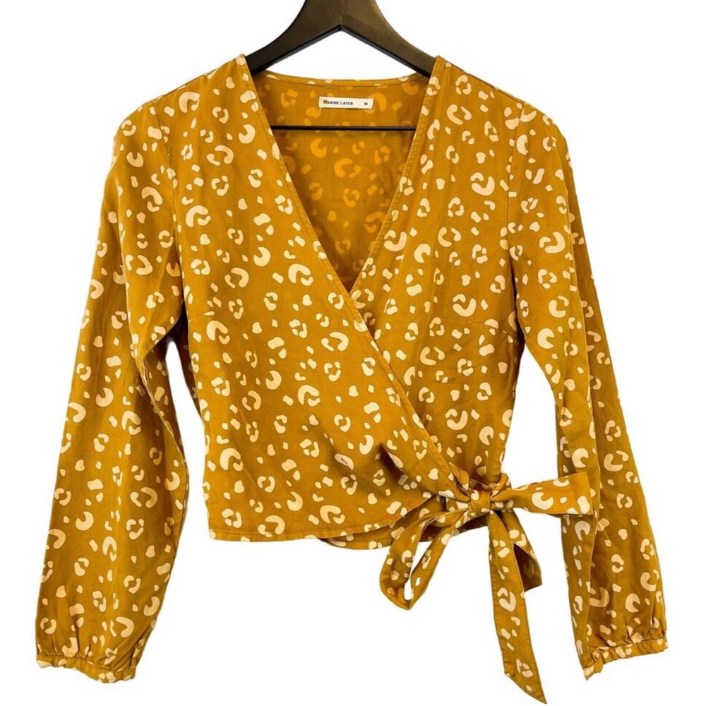 Marine Layer Women’s Mustard Yellow Animal Print Wrap Blouse, Size Medium